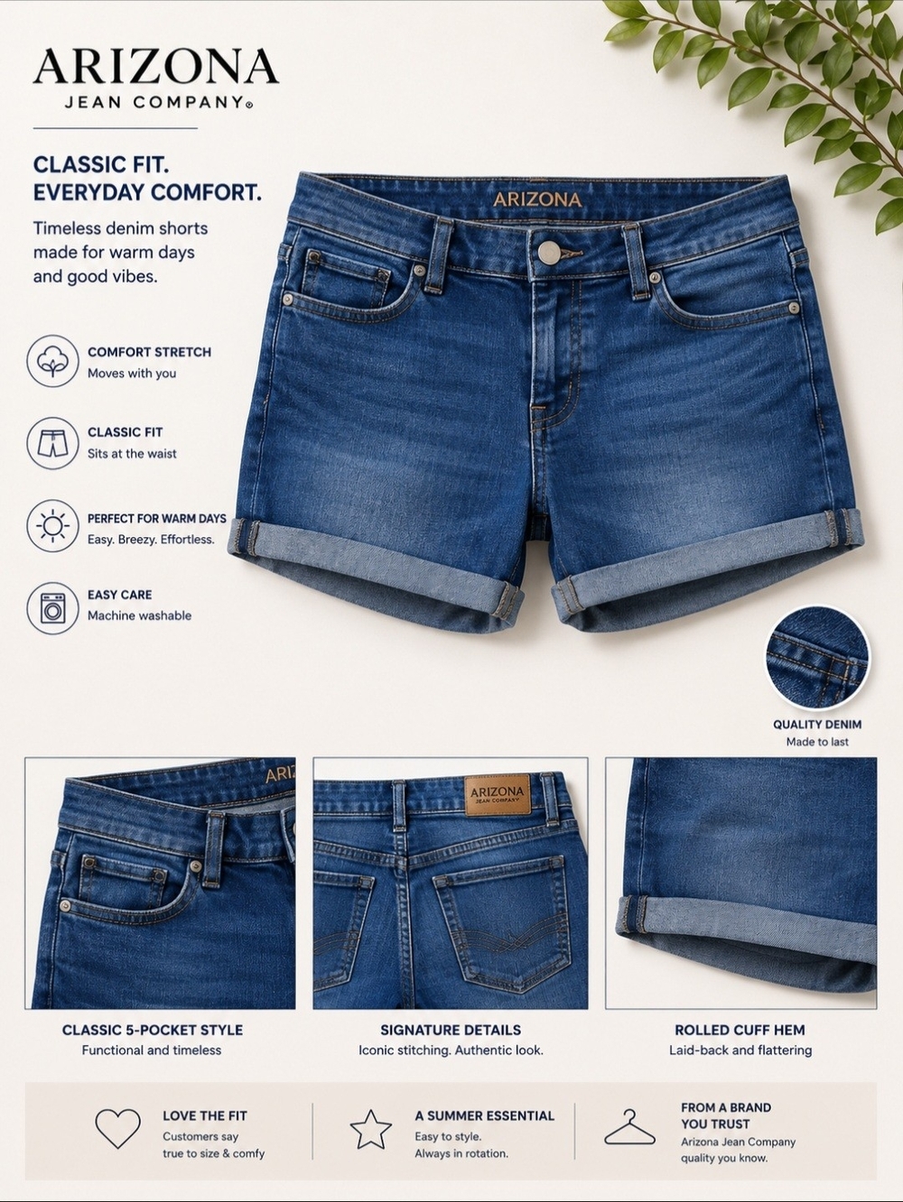 Arizona Jean Company Women's Dark Blue Rolled Cuff Denim Shorts